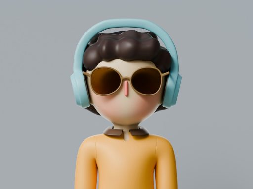 Figura de un niño con auriculares y gafas de sol, vistiendo un suéter naranja.
